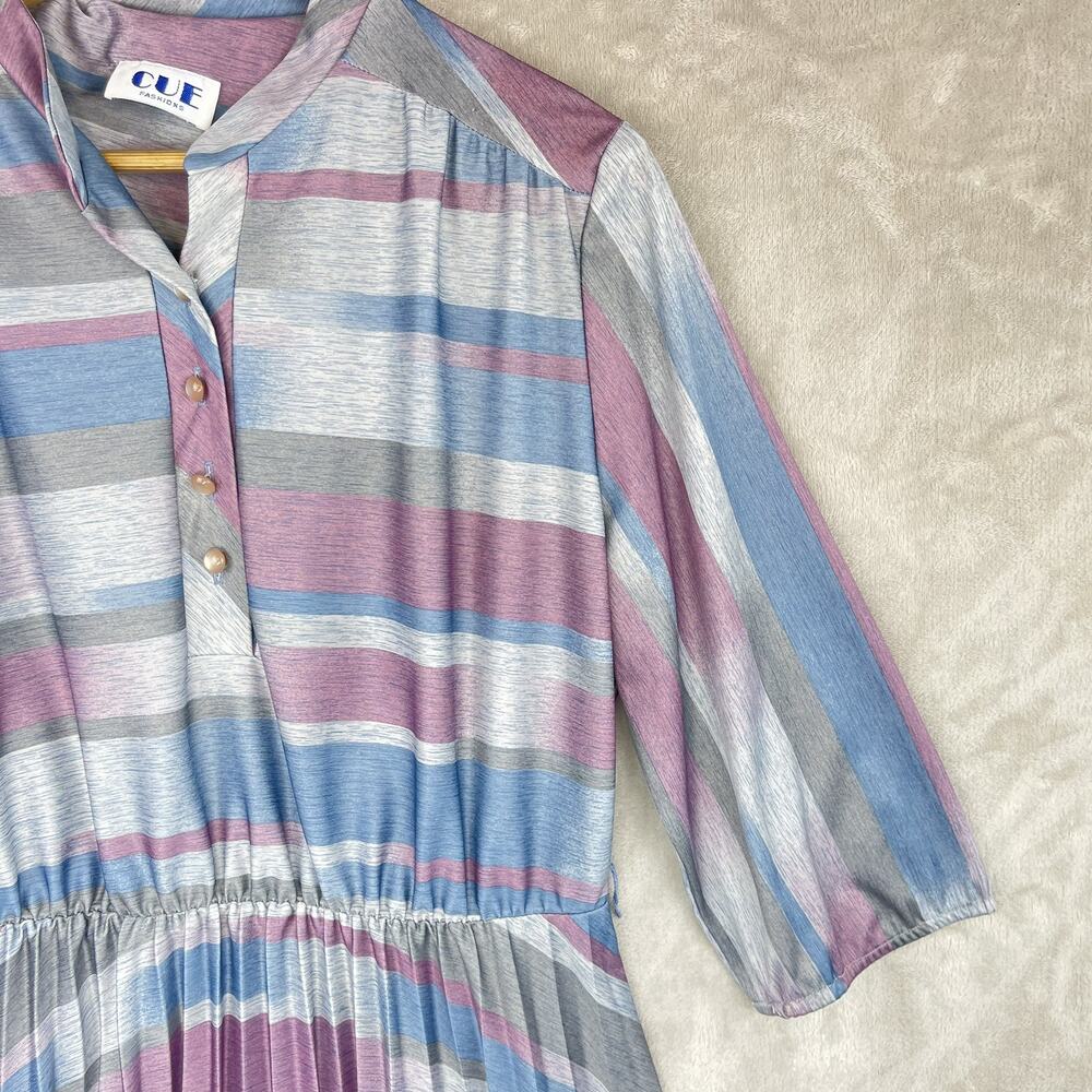 Vtg 80s Cue Fashions Striped Pleated Midi Dress Size 16.5 Large Retro Glamoratti - Picture 4 of 16